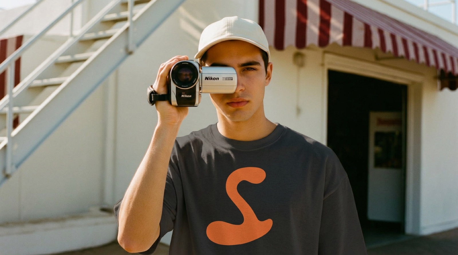 Producción audiovisual con la remera de Sazón: una persona filma con una cámara de mano
